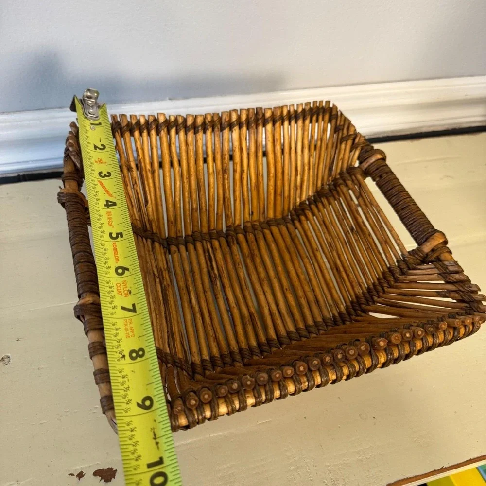 Vintage Pencil Reed Bamboo Square Basket Handles Two Tone‎ MCM Approximately 9